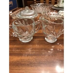 Clear Glass deep cut leaf sugar‎ creamer vintage drape handles